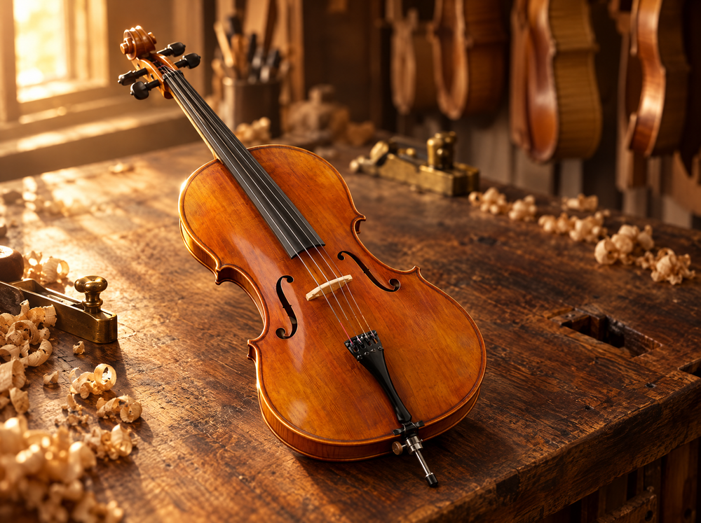 Violine auf der Werkbank in der Werkstatt Heffler