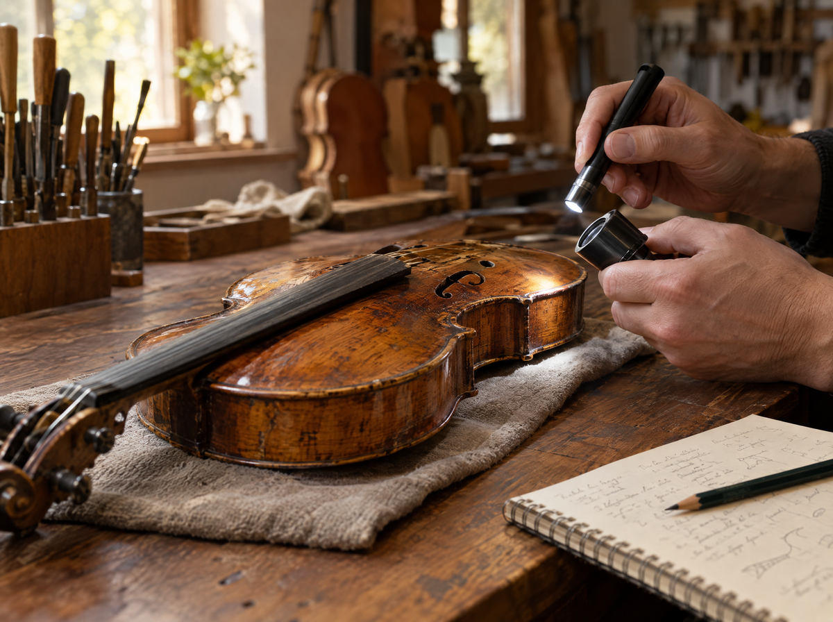 Begutachtung einer Violine in der Werkstatt
