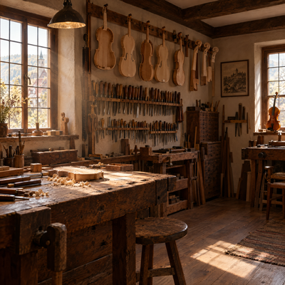 Blick in eine traditionelle Geigenbauwerkstatt